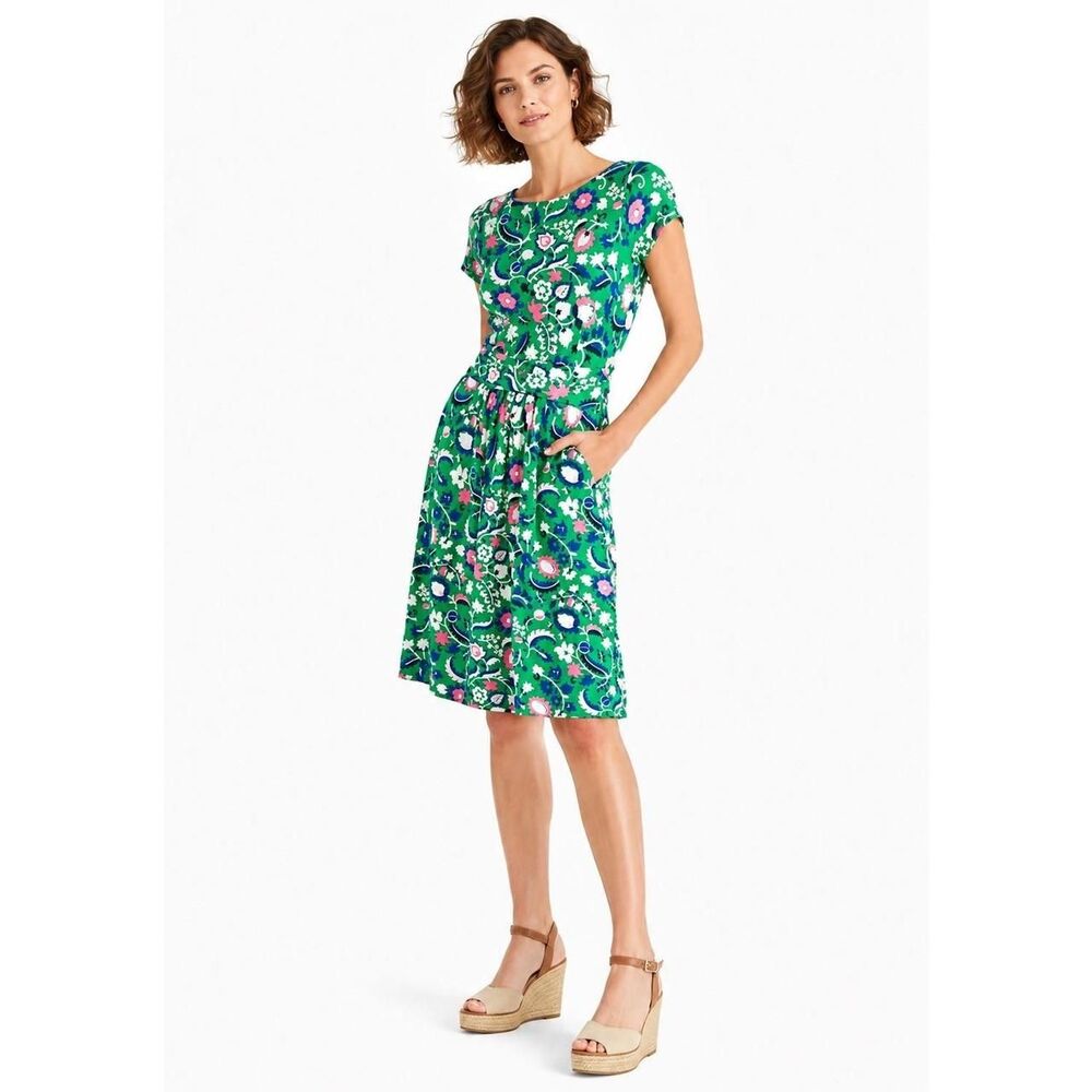 Boden Green Floral Jersey Fit & Flare Dress Pockets Short Sleeve US 14